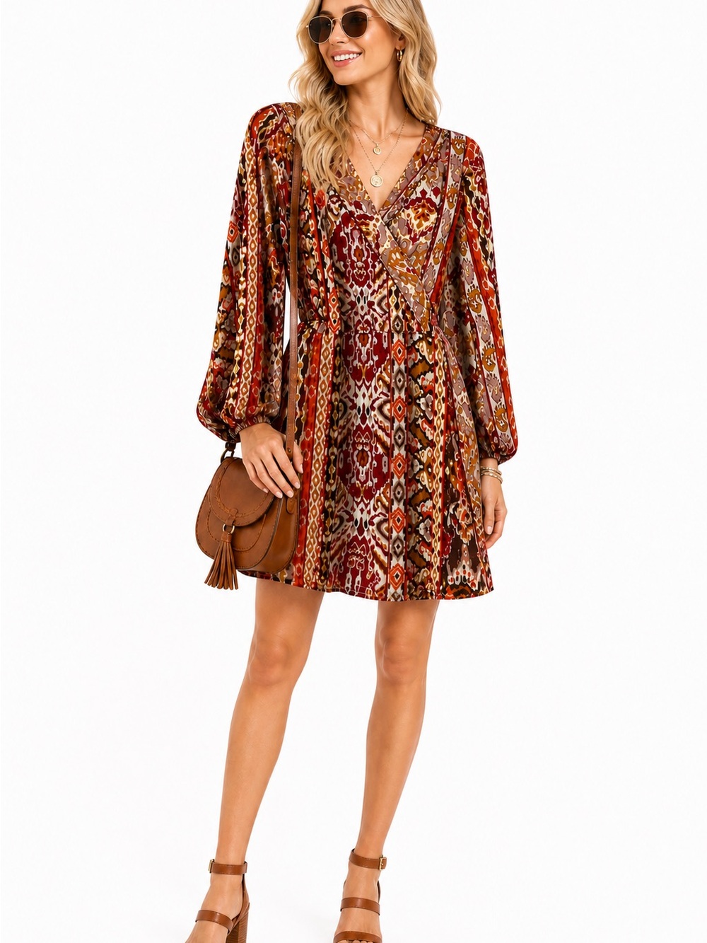V-Neck Long Sleeve Mini Dress in Rust Multi